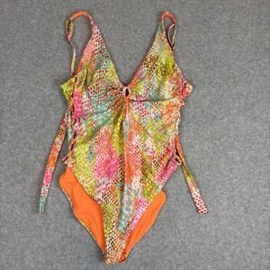 Becca Jada Neon Mamba Snakeskin Print Cutout One-Piece Swimsuit Size Large